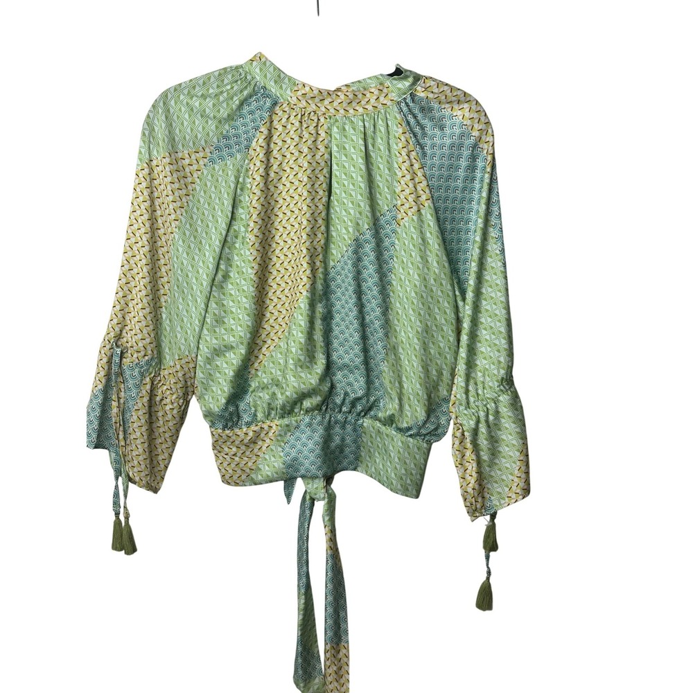 BTFL-life Green Geometric Patchwork Open Back‎ Tie Blouse Womens Small Tassels